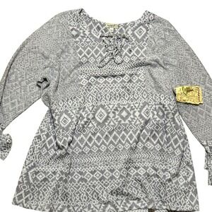 One World Aztec Print‎ Lace Up Sweater Long Sleeve Gray White Womens 3X